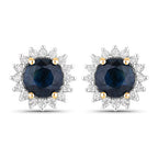 2.38 Carat Genuine Blue Sapphire and White Diamond 14K Yellow Gold Earrings