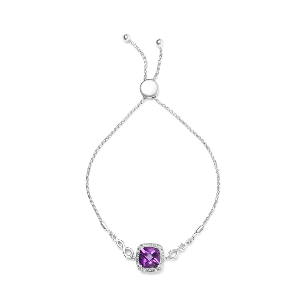 .925 Sterling Silver 10mm Cushion Cut Amethyst Gemstone and Diamond Accent Lariat 4"-10" Adjustable Bolo Bracelet (H-I Color, SI1-SI2 Clarity)