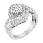 14K White Gold 1 Cttw Baguette and Round Diamond Floral Swirl Cluster Cocktail Ring