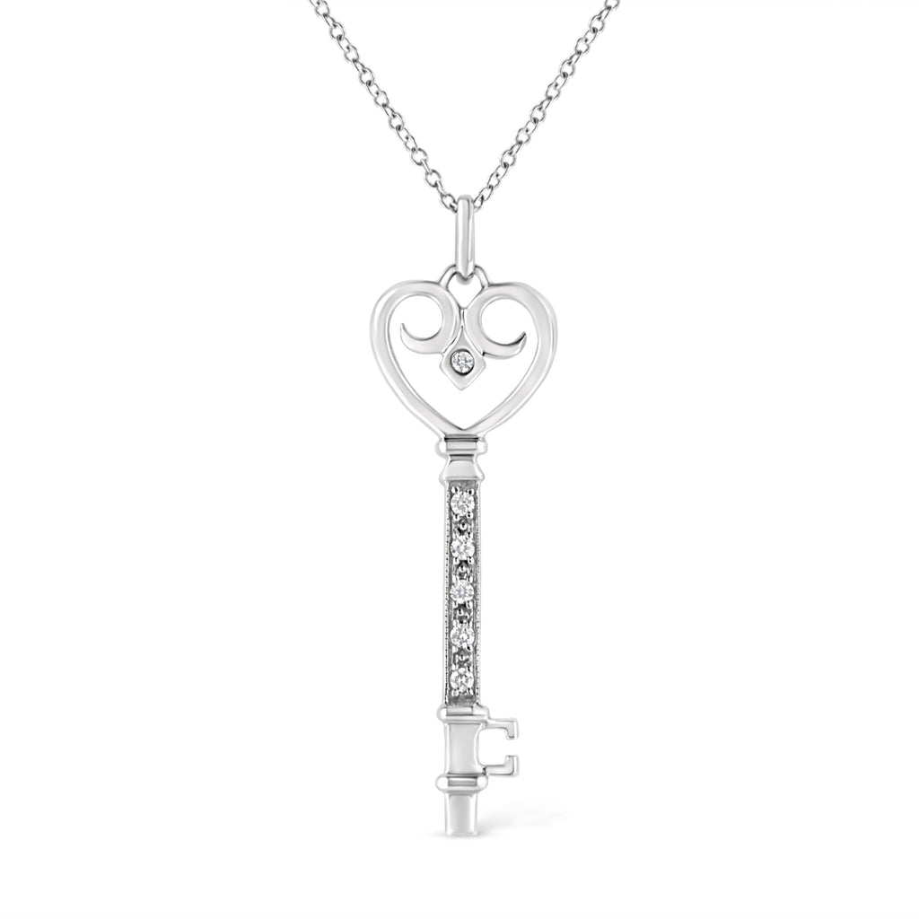 .925 Sterling Silver Pavé and Bezel-Set Diamond Accent Key 18" Heart and Lock Pendant Necklace (K-L Color, I1-I2 Clarity)