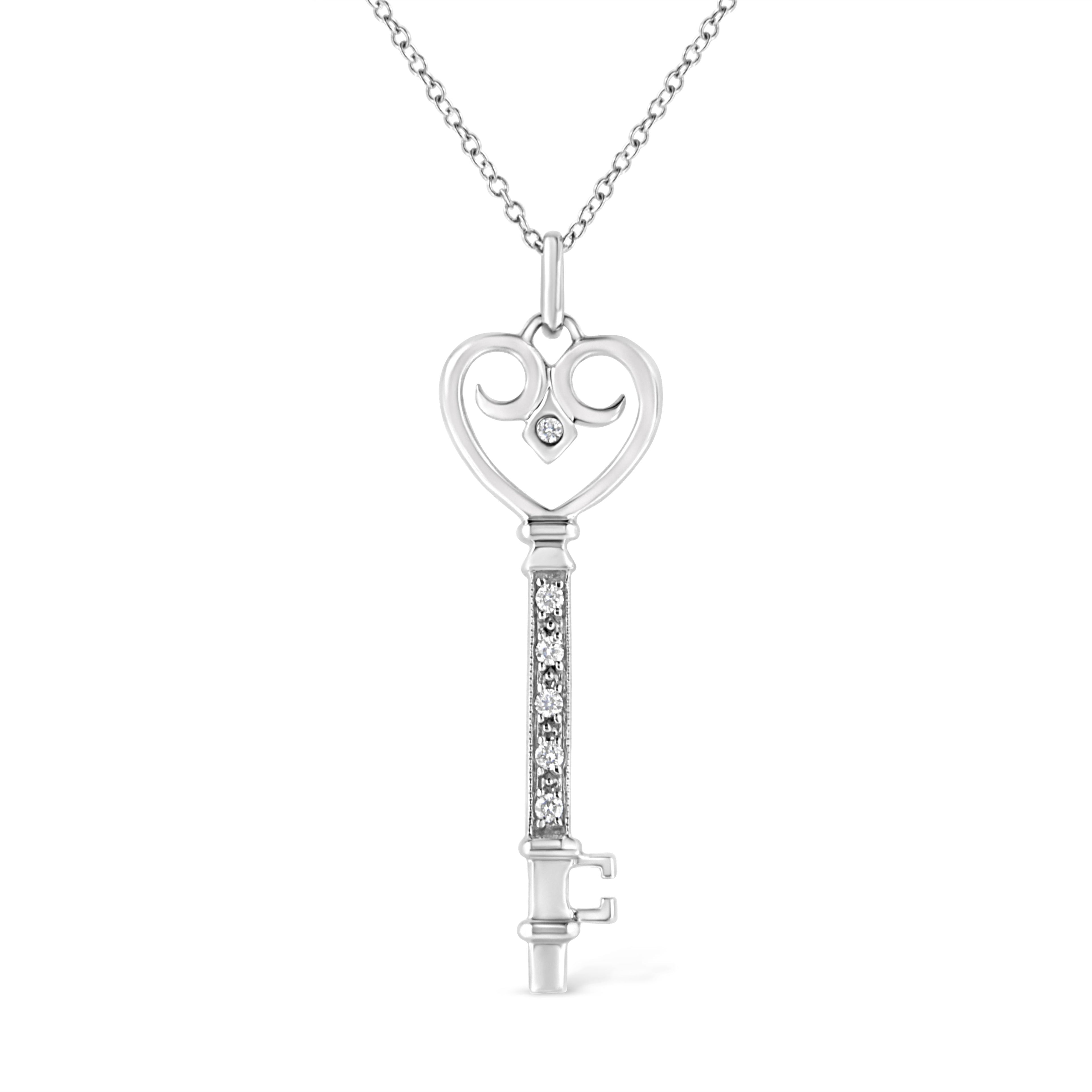 .925 Sterling Silver Pavé and Bezel-Set Diamond Accent Key 18" Heart and Lock Pendant Necklace (K-L Color, I1-I2 Clarity)