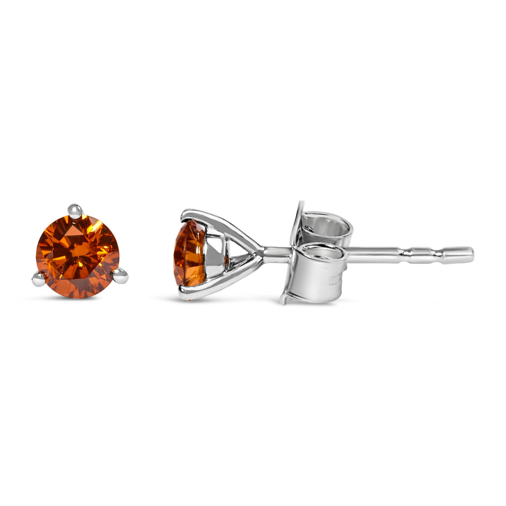 14K White Gold 1/2 Carat Total Weight Lab-Grown Round Brilliant-Cut Orange Diamond Classic 3-Prong Martini Set Stud Earrings (Orange Color, VS1-VS2 Clarity)