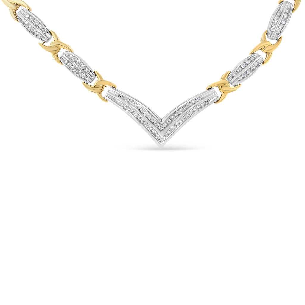10K Yellow and White Gold 1.0 Cttw Round and Princess Cut Diamond "V" Shape Statement Necklace (I-J Color, I1-I2 Clarity)