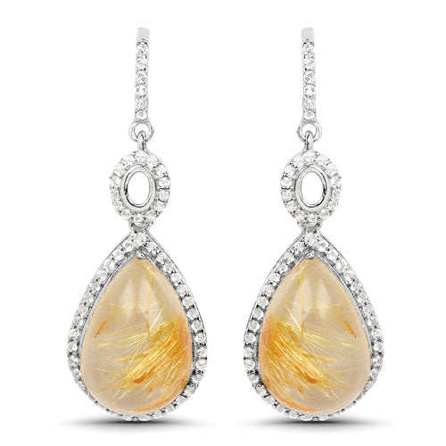 10.04 Carat Genuine Golden Rutile and White Topaz .925 Sterling Silver Earrings