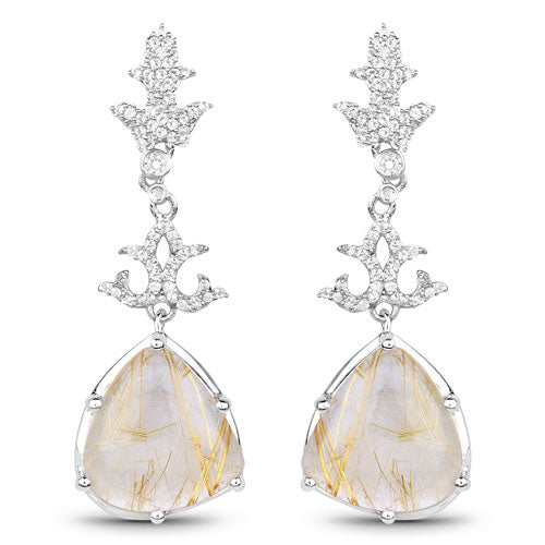 15.97 Carat Genuine Golden Rutile and White Topaz .925 Sterling Silver Earrings
