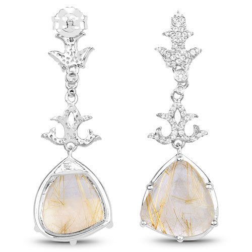 15.97 Carat Genuine Golden Rutile and White Topaz .925 Sterling Silver Earrings