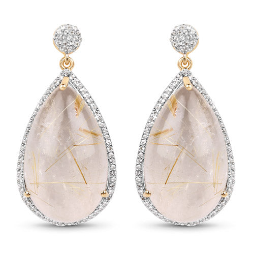 14K Yellow Gold Plated 35.15 Carat Genuine Golden Rutile and White Topaz .925 Sterling Silver Earrings