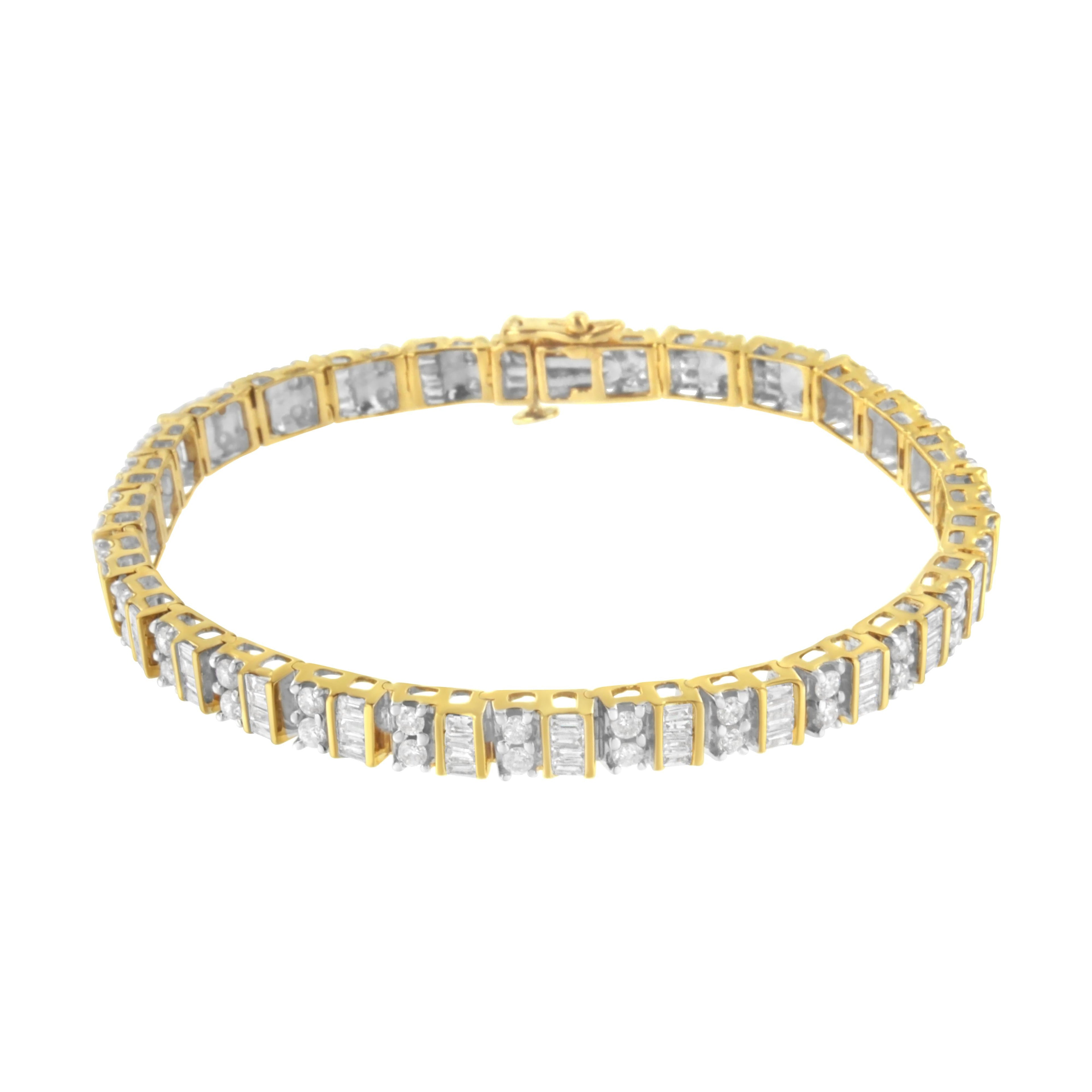 10K Yellow Gold 4.0 Carat Total Weight Alternating Baguette & Round Cut Diamond Bezel- & Prong-Set 7" Tennis Bracelet (G-H Color, SI1-SI2 Clarity)
