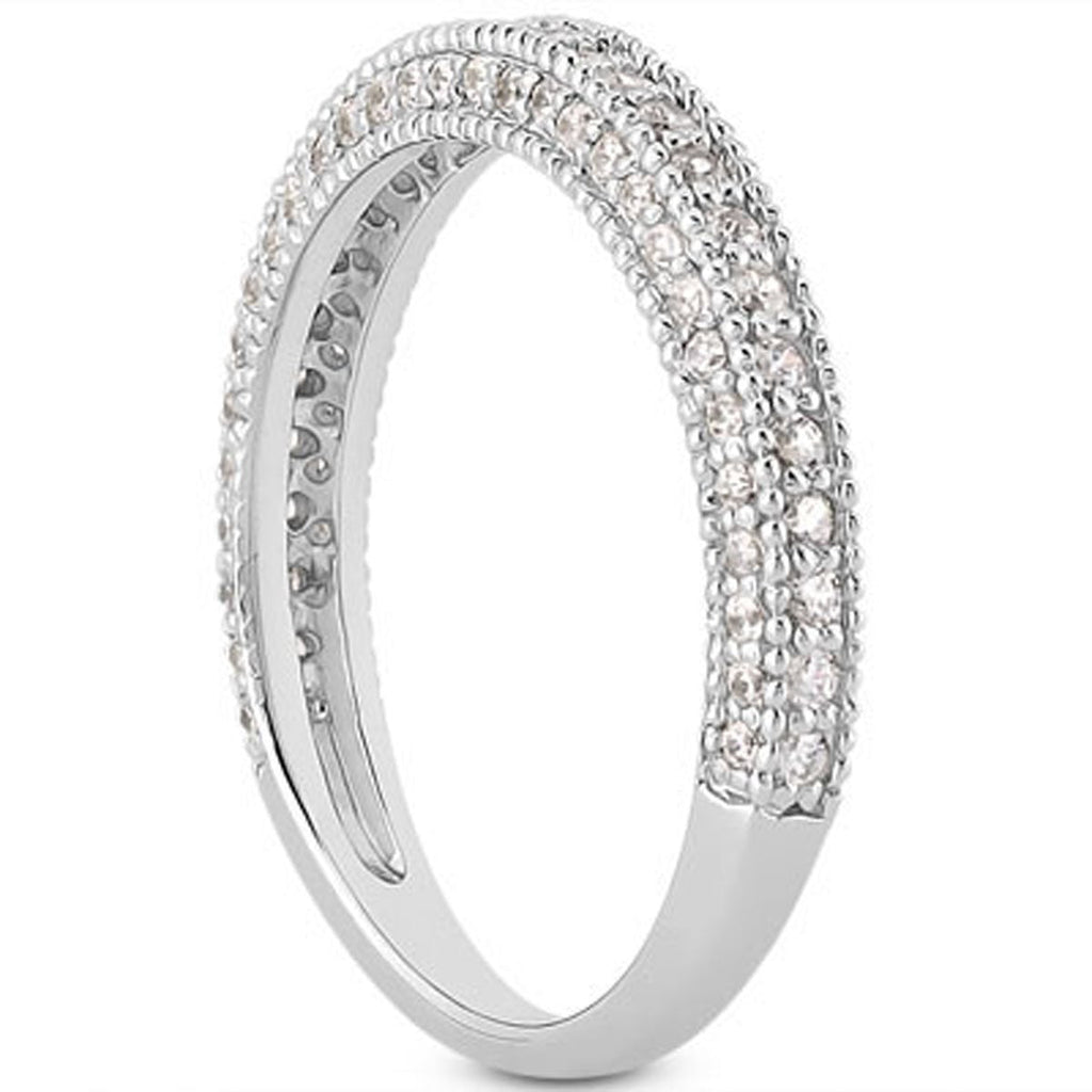 14k White Gold Fancy Pavé Diamond Milgrain Textured Wedding Ring Band