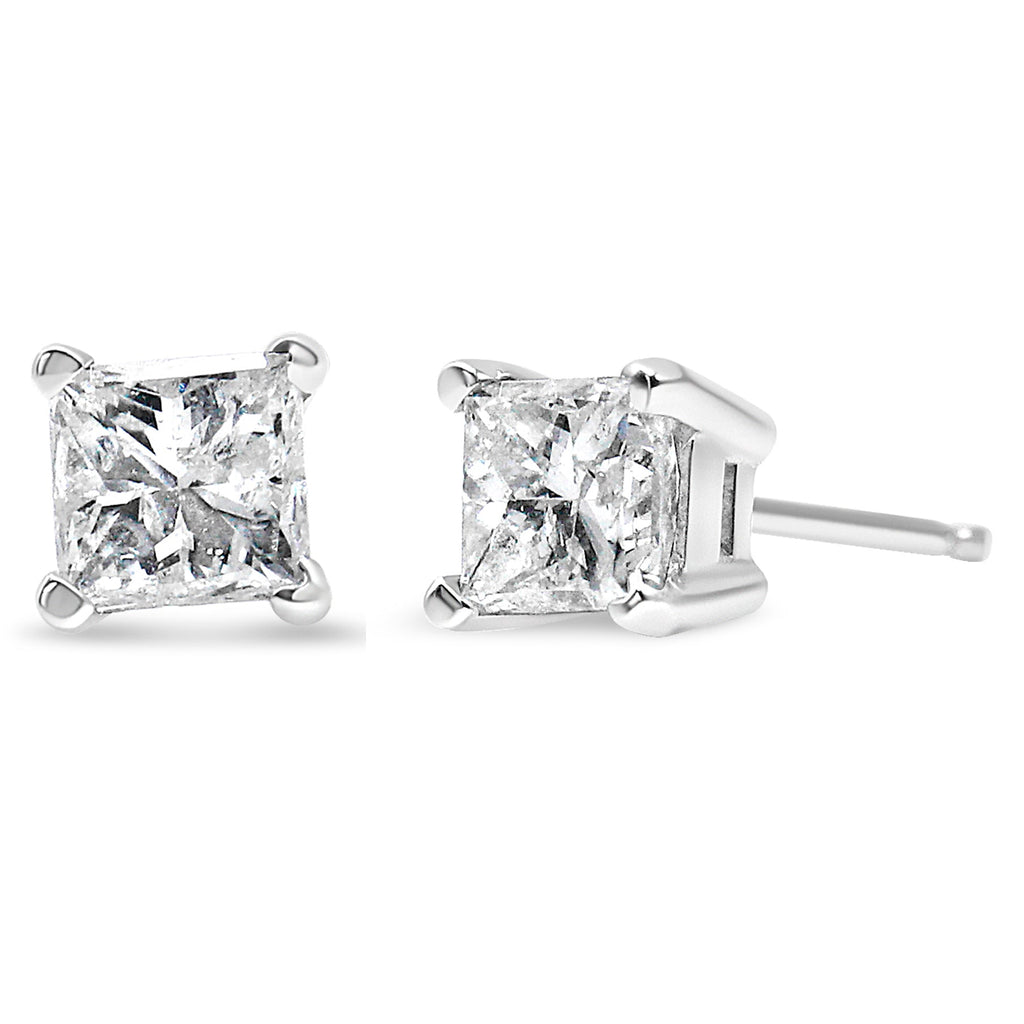 AGS Certified 2/5 Carat Total Weight Princess Cut Diamond 14K White Gold 4-Prong Solitaire Square Stud Earrings (L-M Color, I1-I2 Clarity)