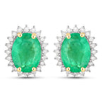 2.66 Carat Genuine Zambian Emerald and White Diamond 10K Yellow Gold Earrings