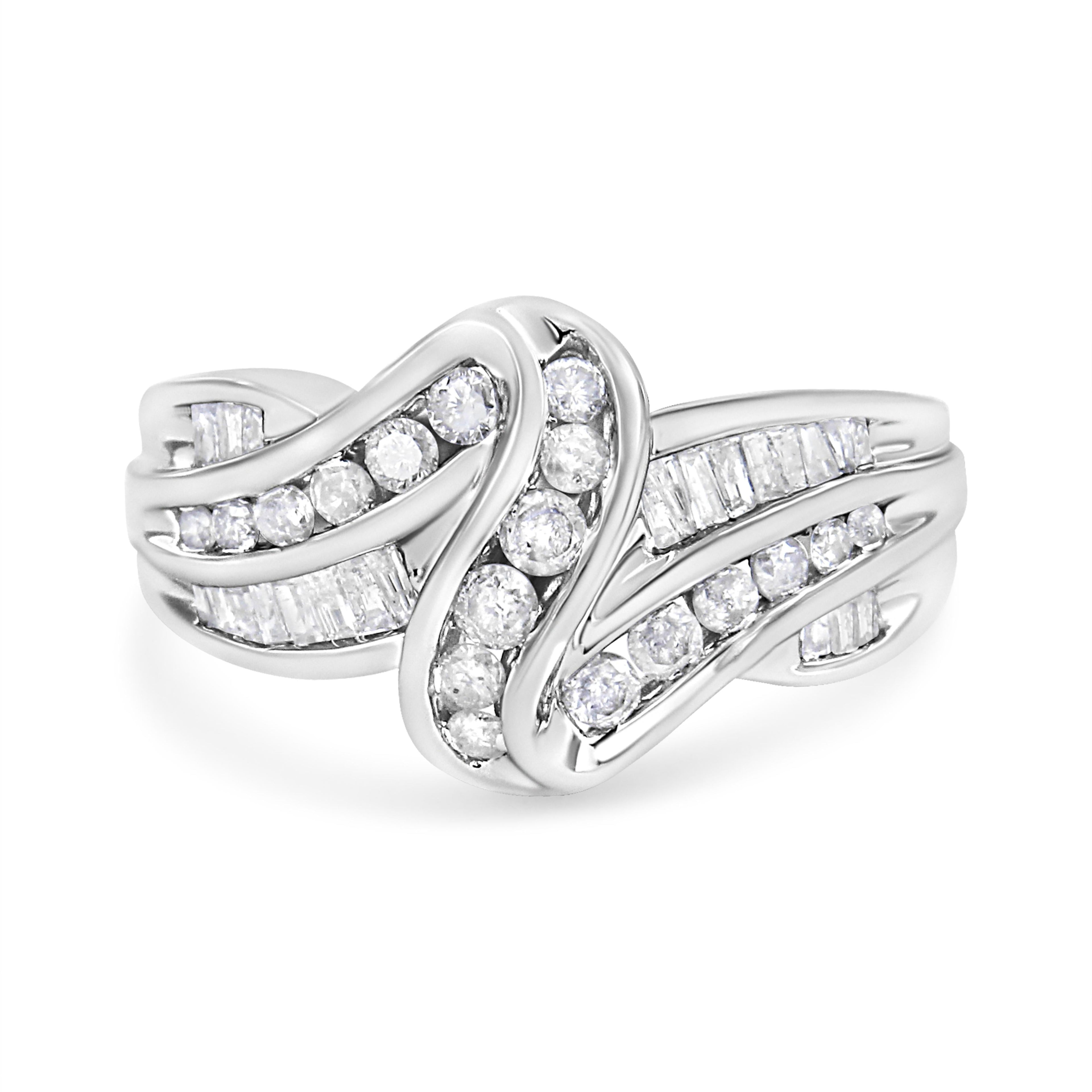 10K White Gold Ring 3/4 Cttw Round and Baguette-Cut Diamond Bypass Ring (H-I Color, I2-I3 Clarity) - Size 6