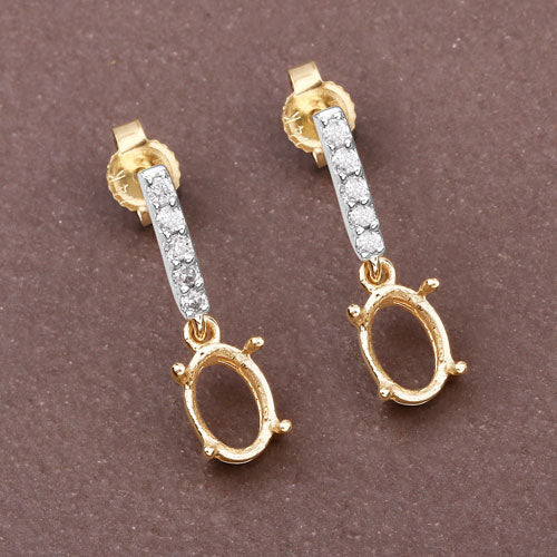 0.14 Carat Genuine White Diamond 14K Yellow Gold Semi Mount Earrings - Holds 7x5mm Oval Gemstones