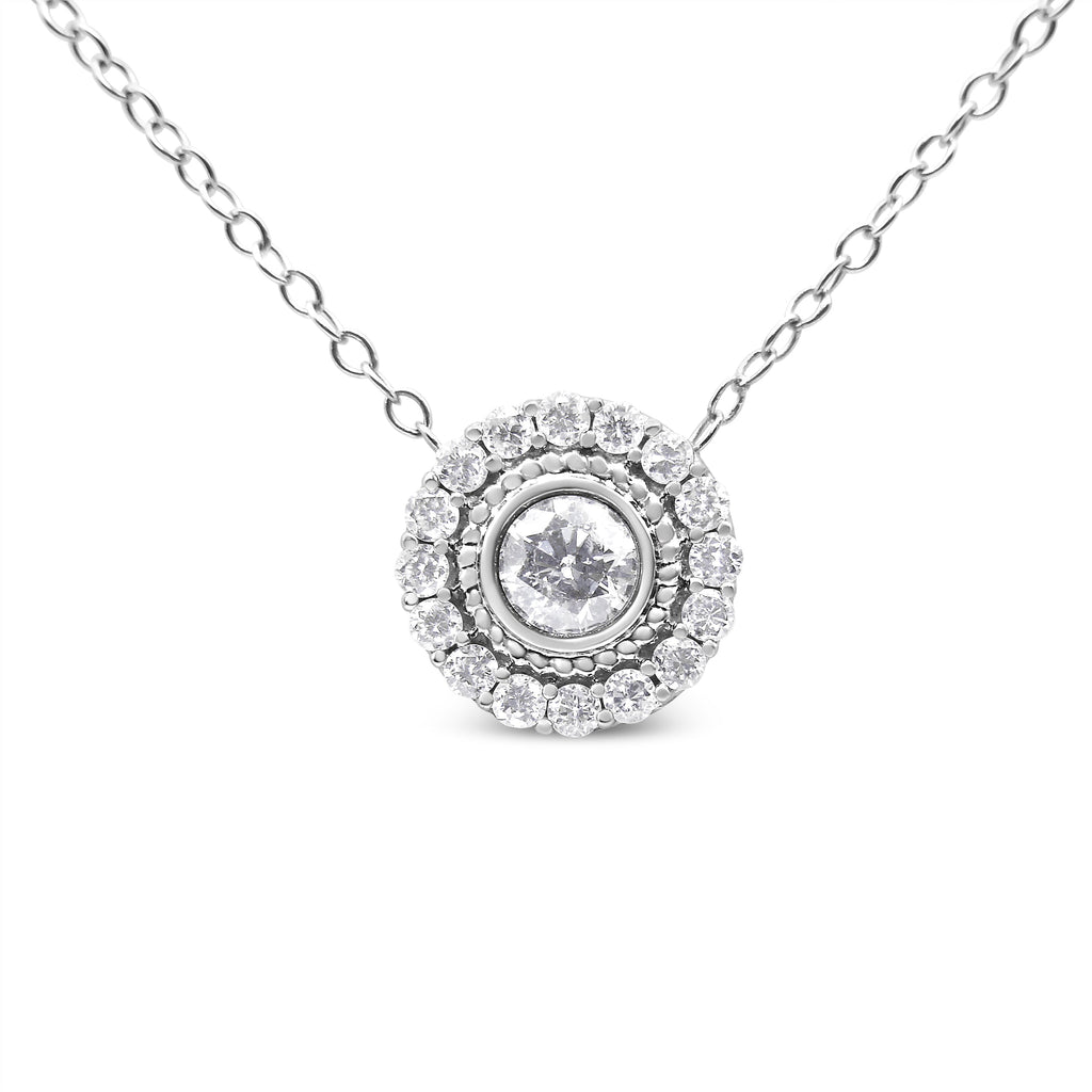 .925 Sterling Silver 1/2 Carat Total Weight Round Diamond Halo Circle Pendant 18" Necklace (I-J Color, I2-I3 Clarity)