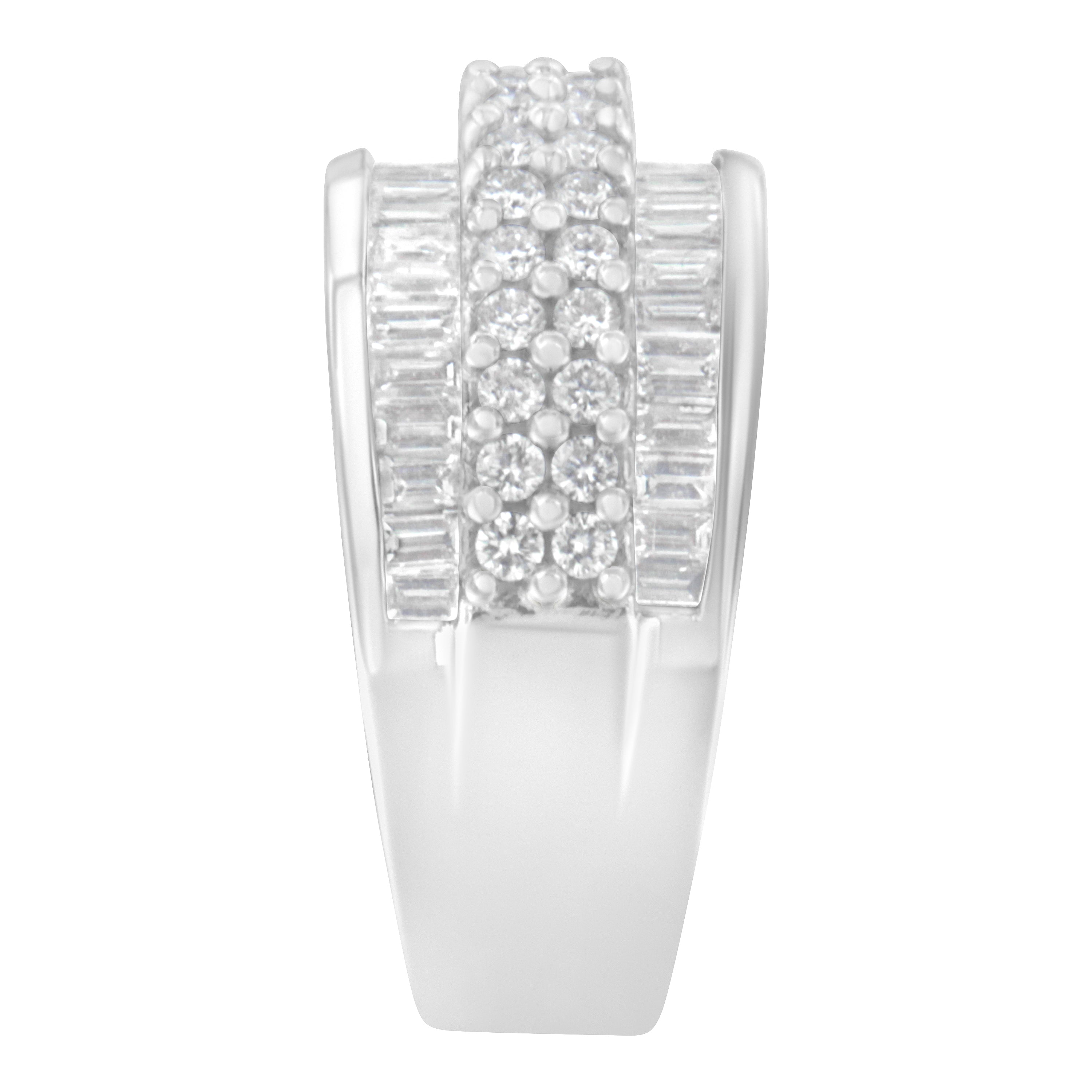 14K White Gold Round and Baguette Diamond Ring (1 1/2 Cttw, F-G Color, SI1-SI2 Clarity) - Size 6-3/4