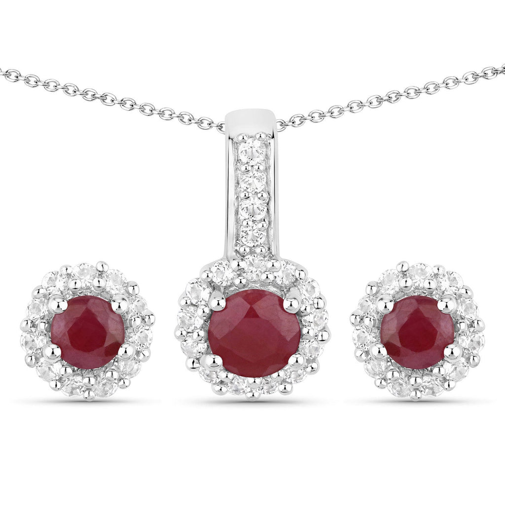 2.17 Carat Genuine Ruby and White Topaz .925 Sterling Silver Jewelry Set