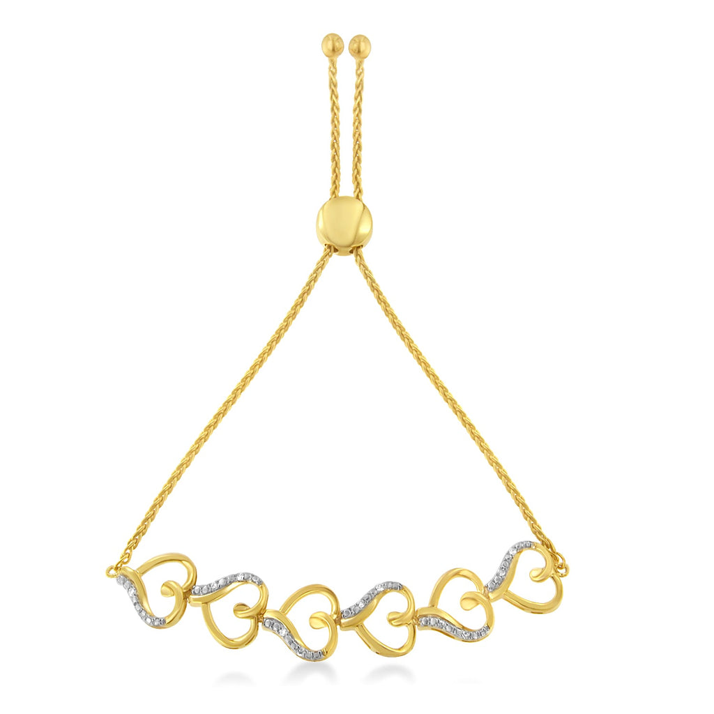 10K Yellow Gold over .925 Sterling Silver Diamond Accented Open Hearts 6â€-9â€ Adjustable Chain Bolo Bracelet