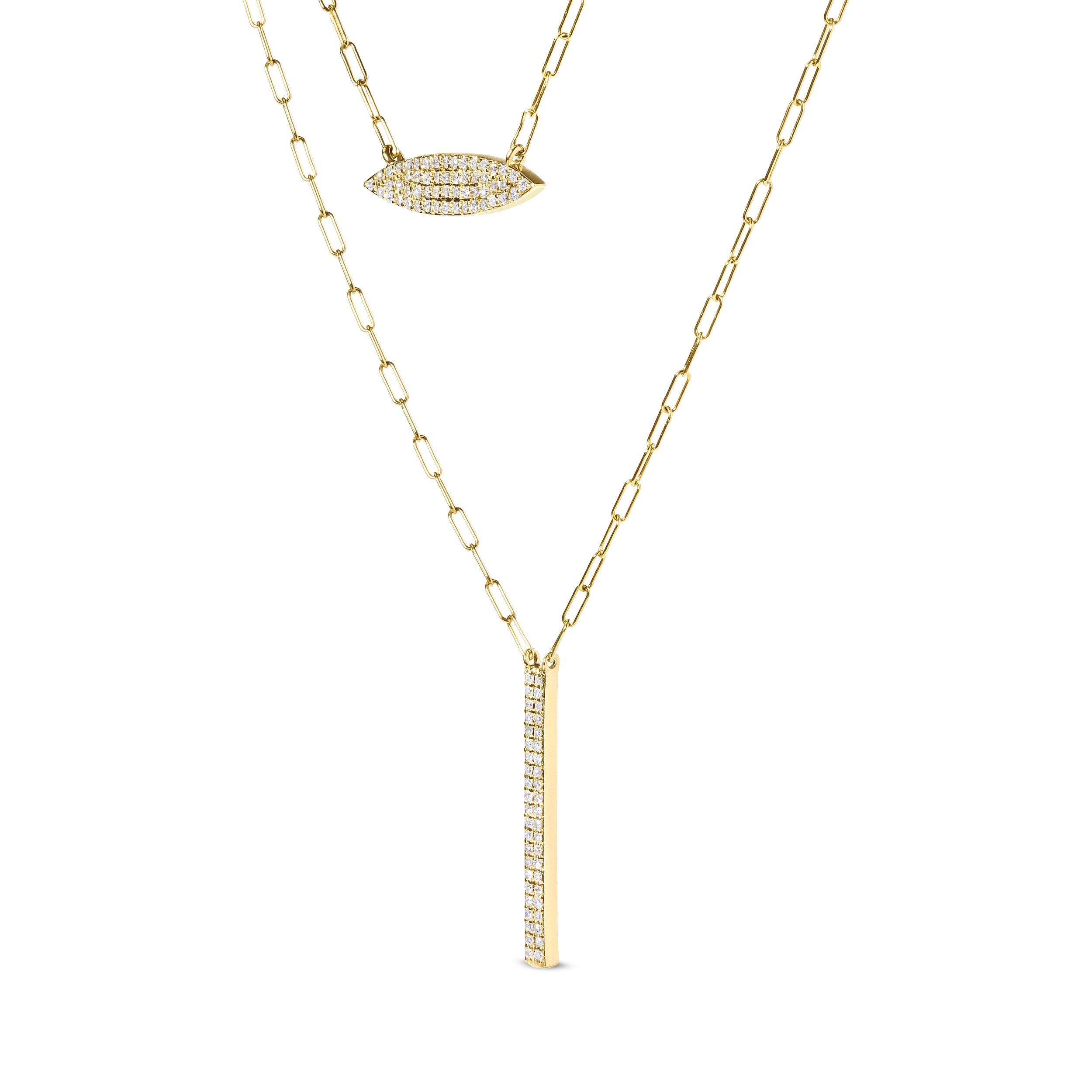14K Yellow Gold 3/8 Cttw Two-Strand Marquise and Bar Charm Paper Clip Link Pendant Necklace (I-J Color, I1-I2 Clarity) - 18" and 20" Inch Lengths