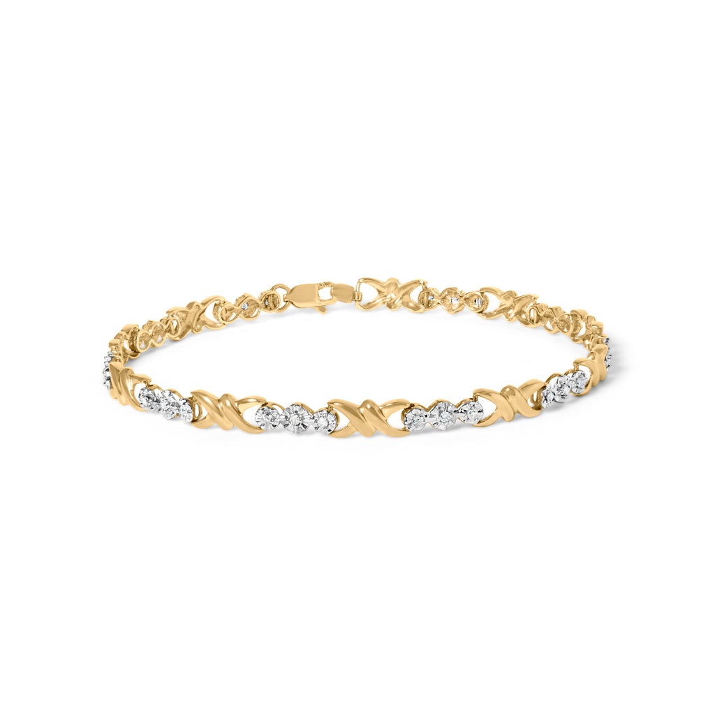 10k Yellow Gold 1/3 Carat Total Weight Diamond 3 Stone and X-Link Bracelet (I-J Color, I1-I2 Clarity) - 7.50" Inches