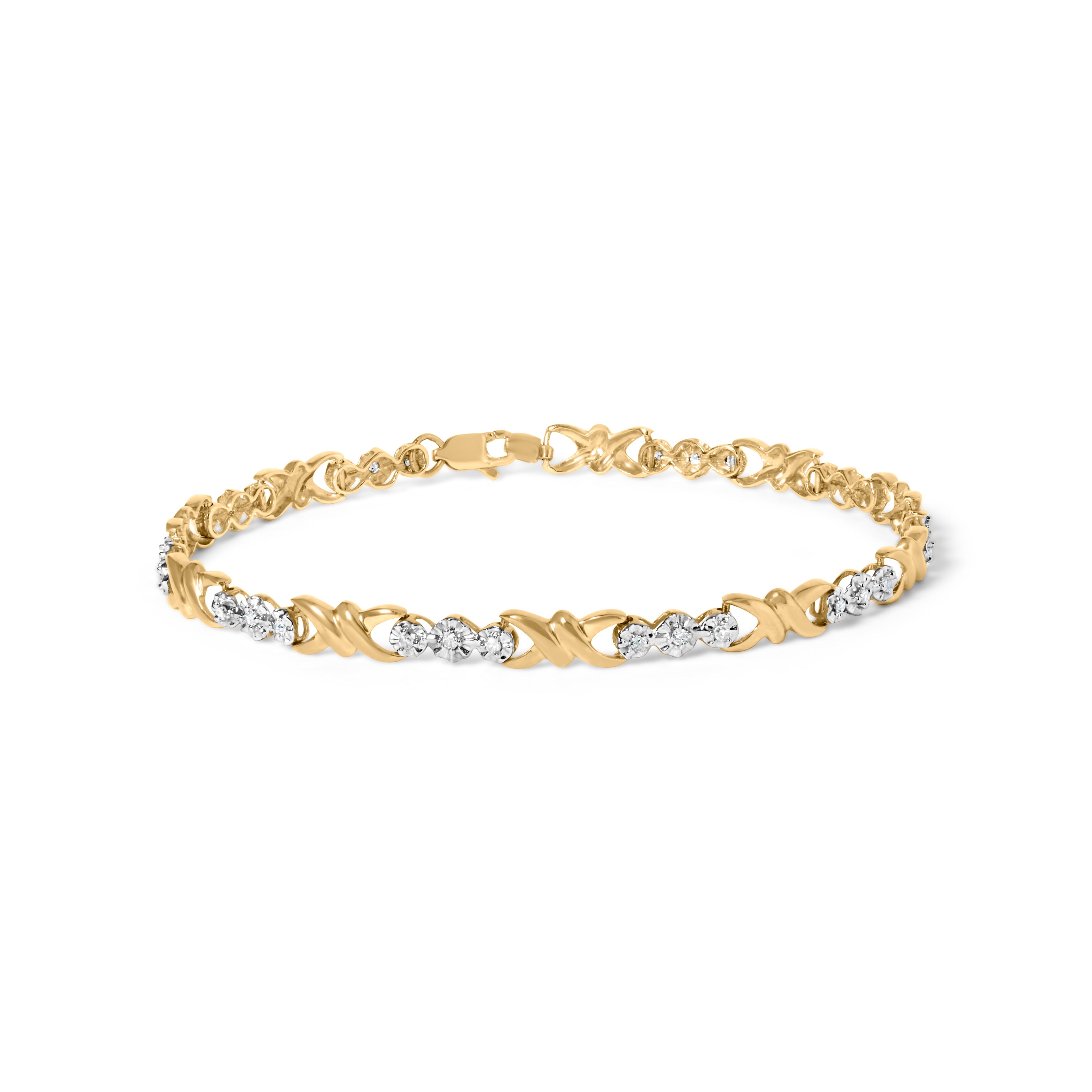 10k Yellow Gold 1/3 Carat Total Weight Diamond 3 Stone and X-Link Bracelet (I-J Color, I1-I2 Clarity) - 7.50" Inches