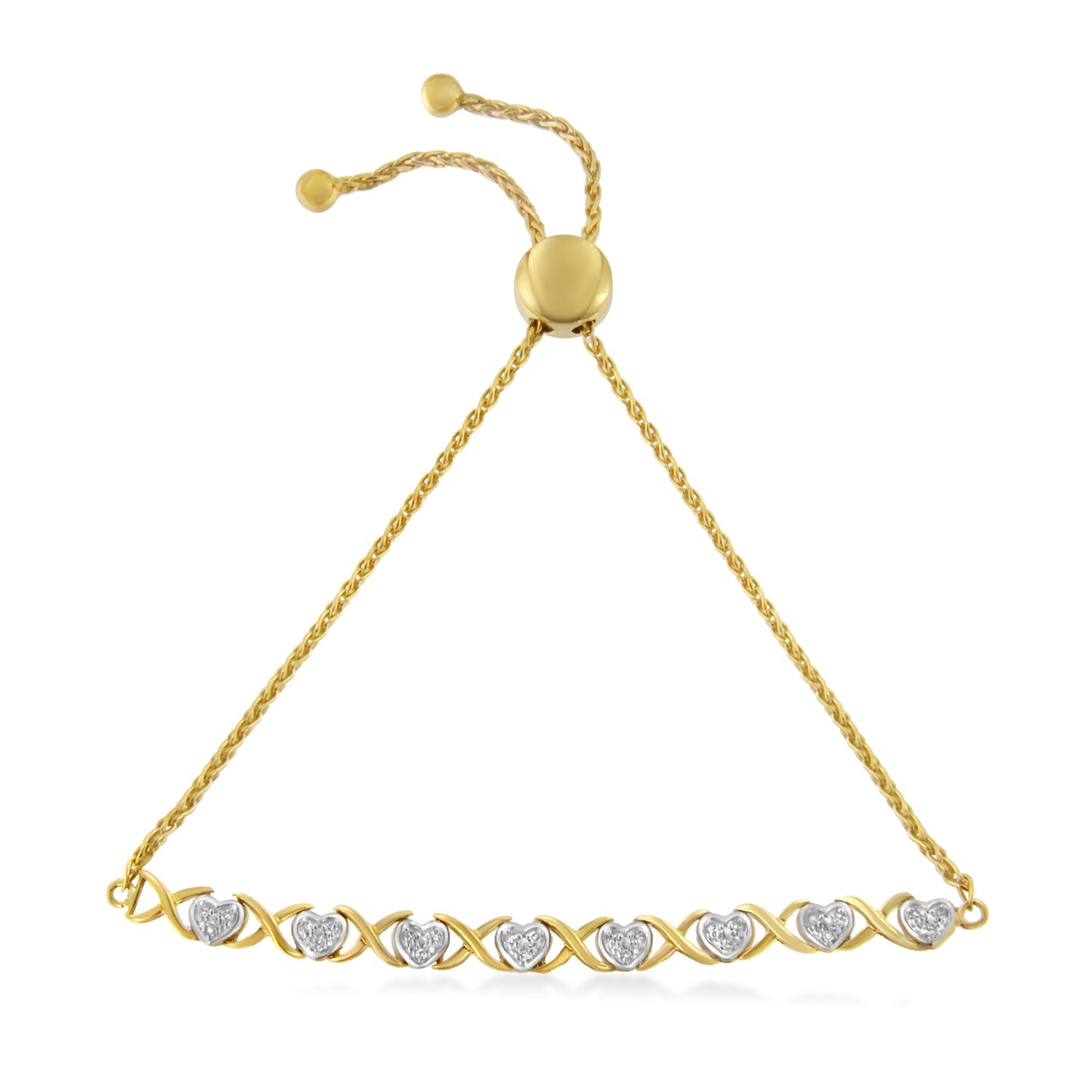 10K Yellow Gold over .925 Sterling Silver 1/10 Cttw Diamond Heart and X-Link 6"-9" Adjustable Bolo Bracelet (H-I Color, I2-I3 Clarity)
