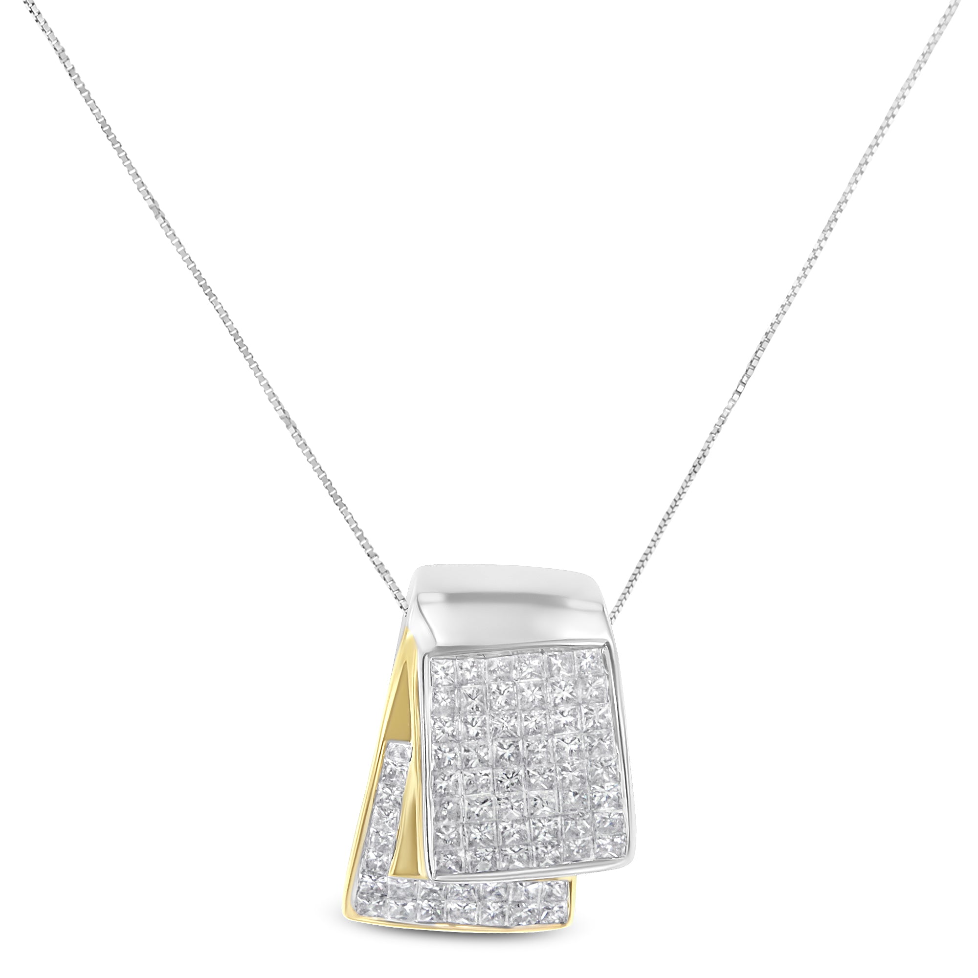 14K White and Yellow Gold 2.0 Cttw Princess Cut Diamond Two Tone Foldover Box Pendant 18" Box Chain Necklace (H-I Color, SI1-SI2 Clarity)