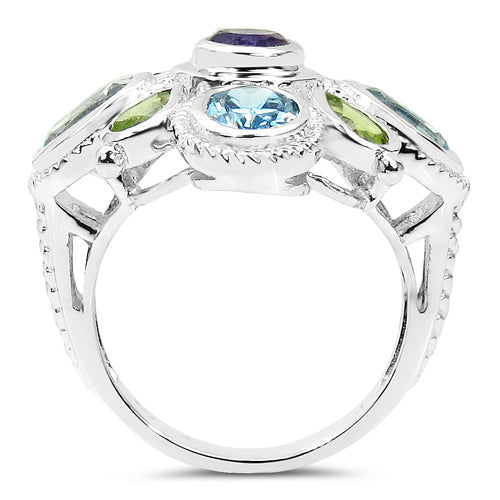 5.13 Carat Genuine Amethyst, Blue Topaz & Peridot .925 Sterling Silver Ring