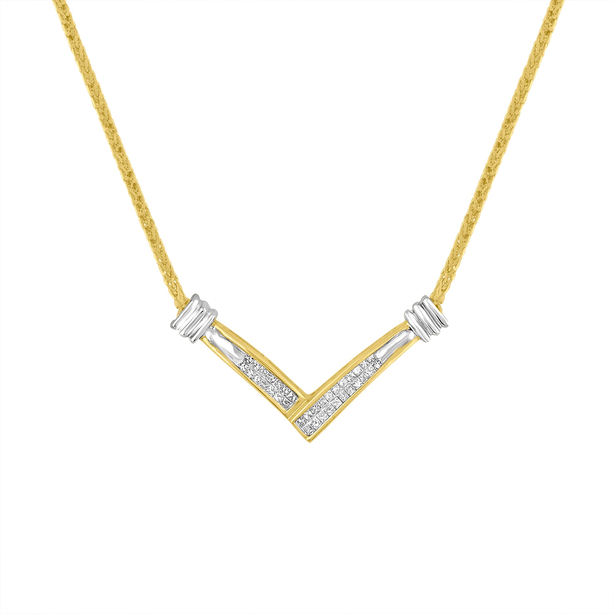 14K Yellow and White Gold 1/4 Carat Total Weight Princess Cut Diamond Channel-Set "V" Shape 18" Pendant Necklace (H-I Color, SI2-I1 Clarity)