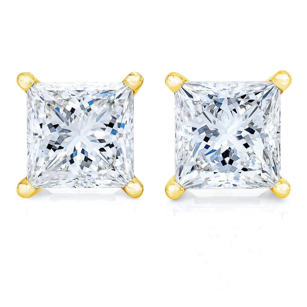14K Yellow Gold 1.00 Carat Total Weight Princess-Cut Square Near Colorless Diamond Classic 4-Prong Solitaire Stud Earrings (J-K Color, I1-I2 Clarity)