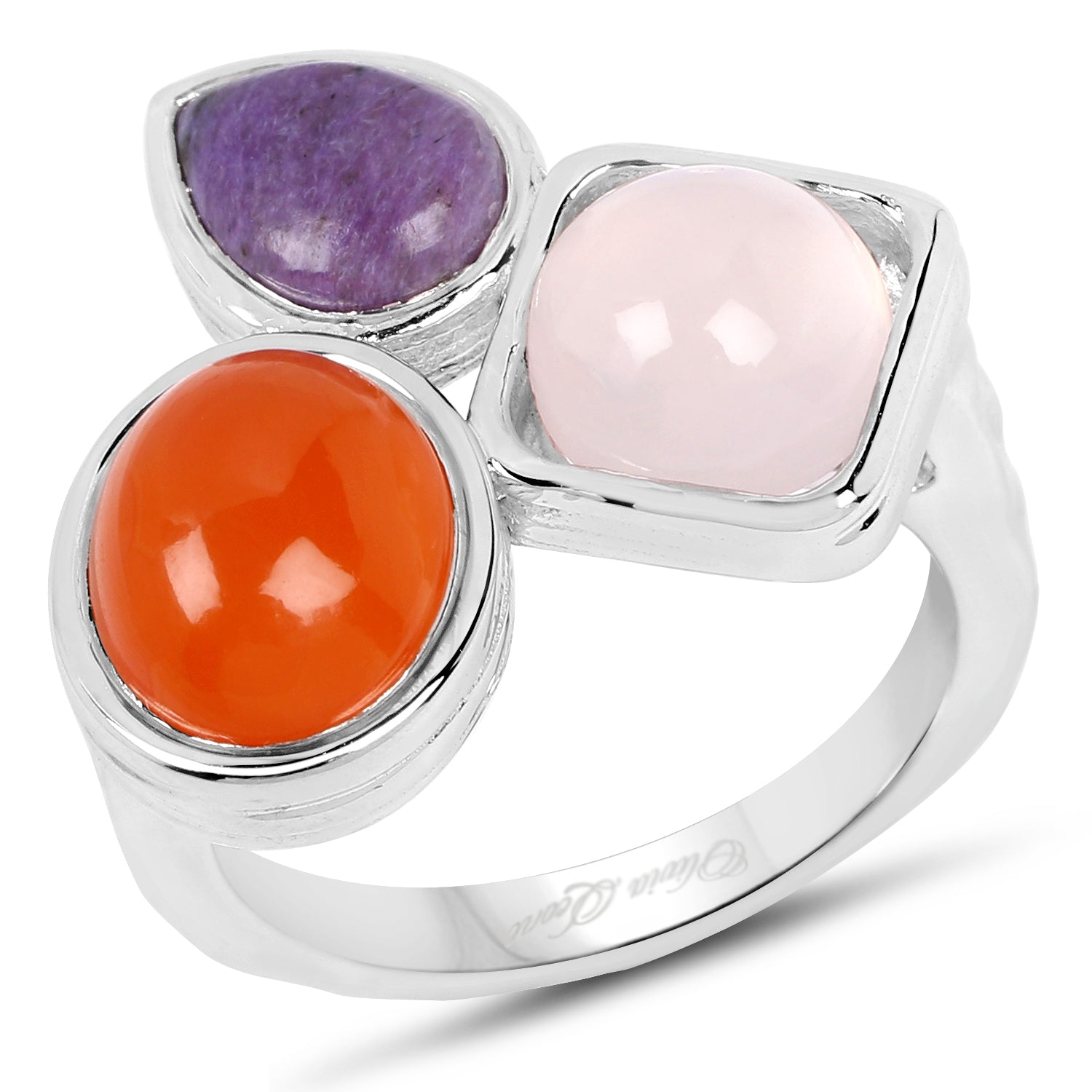 5.21 Carat Genuine Rose Quartz, Carnelian, and Charoite .925 Sterling Silver Ring