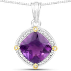3.20 Carat Genuine Amethyst and White Diamond 18K Yellow Gold with .925 Sterling Silver Pendant