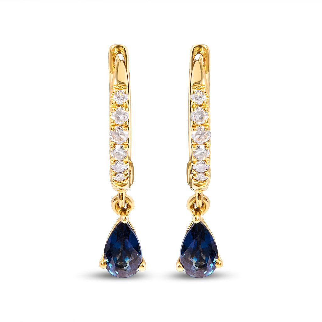 10K Yellow Gold Pear Blue Sapphire and 1/10 Carat Total Weight Diamond Drop and Dangle Huggie Hoop Earrings (H-I Color, I1-I2 Clarity)