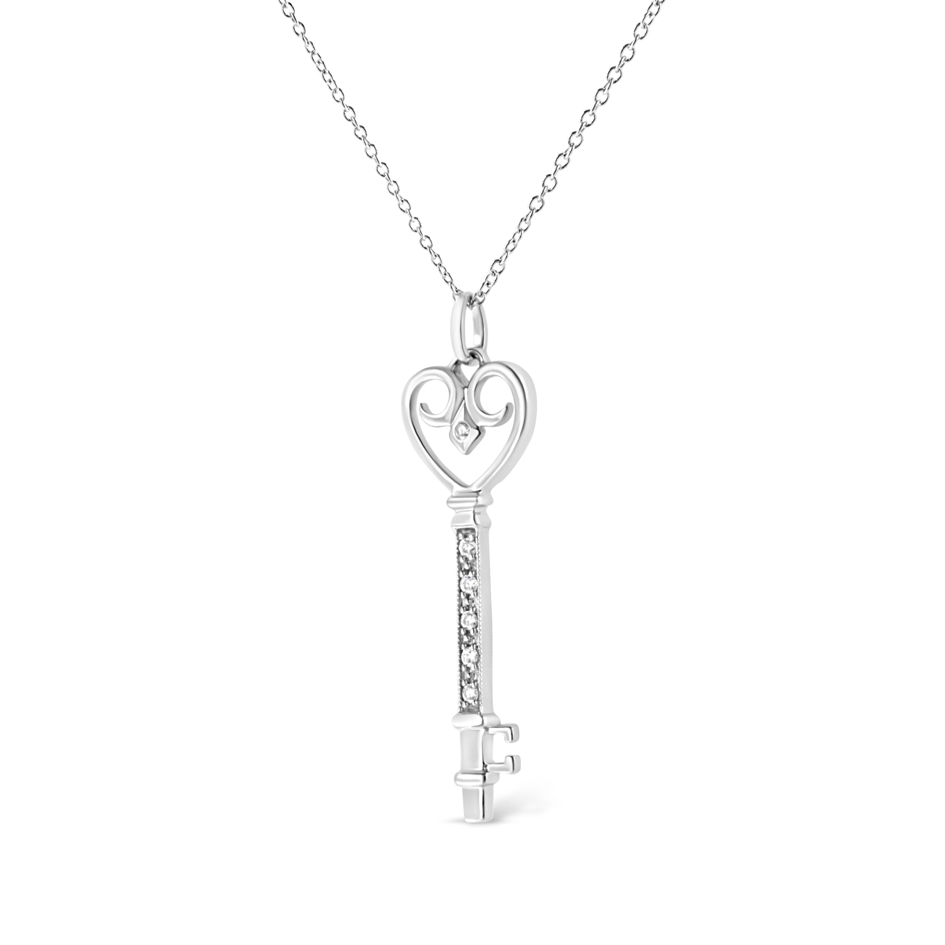 .925 Sterling Silver Pavé and Bezel-Set Diamond Accent Key 18" Heart and Lock Pendant Necklace (K-L Color, I1-I2 Clarity)