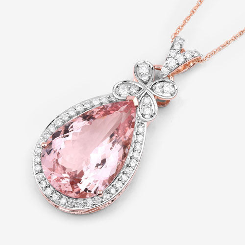 8.14 Carat Genuine Morganite and White Diamond 14K Rose Gold Pendant