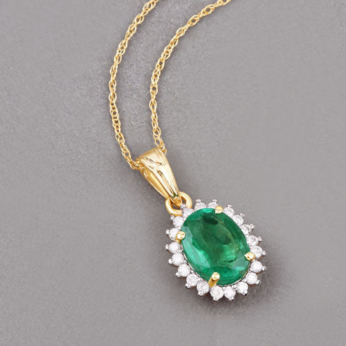 1.36 Carat Genuine Zambian Emerald and White Diamond 10K Yellow Gold Pendant
