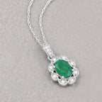 0.79 Carat Genuine Zambian Emerald and White Diamond 10K White Gold Pendant