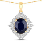 6.44 Carat Genuine Blue Sapphire and White Diamond 14K Yellow Gold Pendant