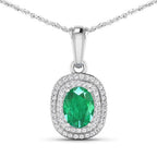 1.50 Carat Genuine Zambian Emerald and White Diamond 14K White Gold Pendant