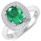 1.97 Carat Genuine Zambian Emerald and White Diamond 14K White Gold Ring