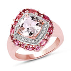 14K Rose Gold Plated 3.11 Carat Genuine Morganite, Pink Tourmaline & White Topaz .925 Sterling Silver Ring
