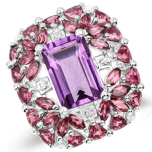 7.59 Carat Genuine Pink Amethyst, Rhodolite, and White Topaz .925 Sterling Silver Ring