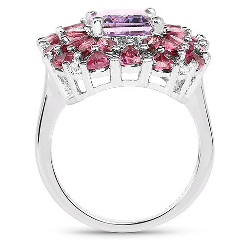 7.59 Carat Genuine Pink Amethyst, Rhodolite, and White Topaz .925 Sterling Silver Ring