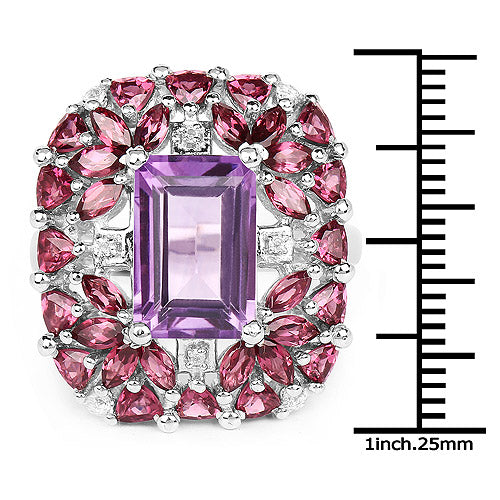 7.59 Carat Genuine Pink Amethyst, Rhodolite, and White Topaz .925 Sterling Silver Ring
