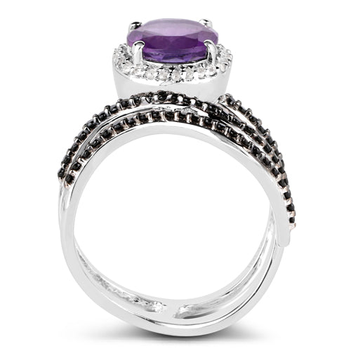 2.31 Carat Genuine Amethyst, Black Spinel, and White Diamond .925 Sterling Silver Ring