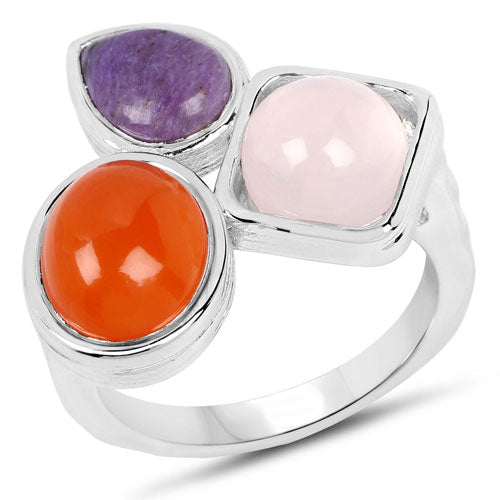 5.21 Carat Genuine Rose Quartz, Carnelian, and Charoite .925 Sterling Silver Ring