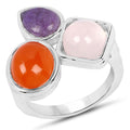 5.21 Carat Genuine Rose Quartz, Carnelian, and Charoite .925 Sterling Silver Ring