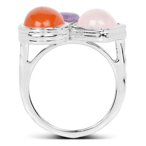 5.21 Carat Genuine Rose Quartz, Carnelian, and Charoite .925 Sterling Silver Ring