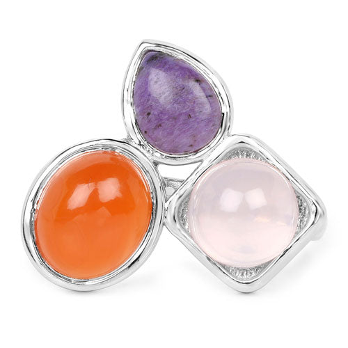 5.21 Carat Genuine Rose Quartz, Carnelian, and Charoite .925 Sterling Silver Ring