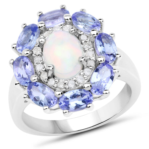3.05 Carat Genuine Ethiopian Opal, Tanzanite, and White Diamond .925 Sterling Silver Ring