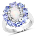 3.05 Carat Genuine Ethiopian Opal, Tanzanite, and White Diamond .925 Sterling Silver Ring